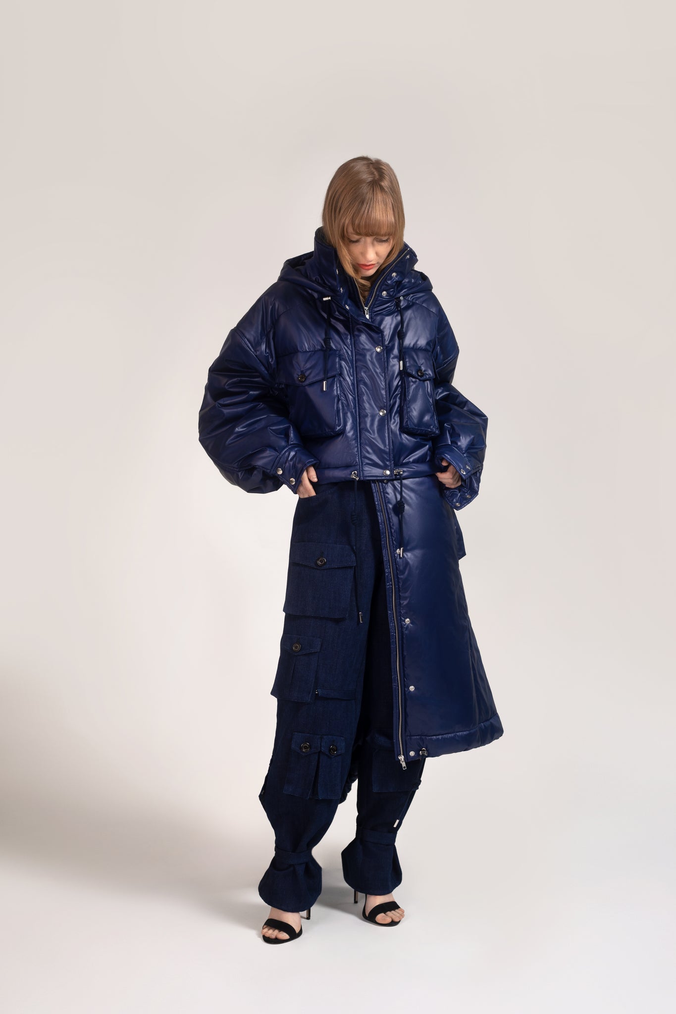 Oversized quilted coat detachable on waist